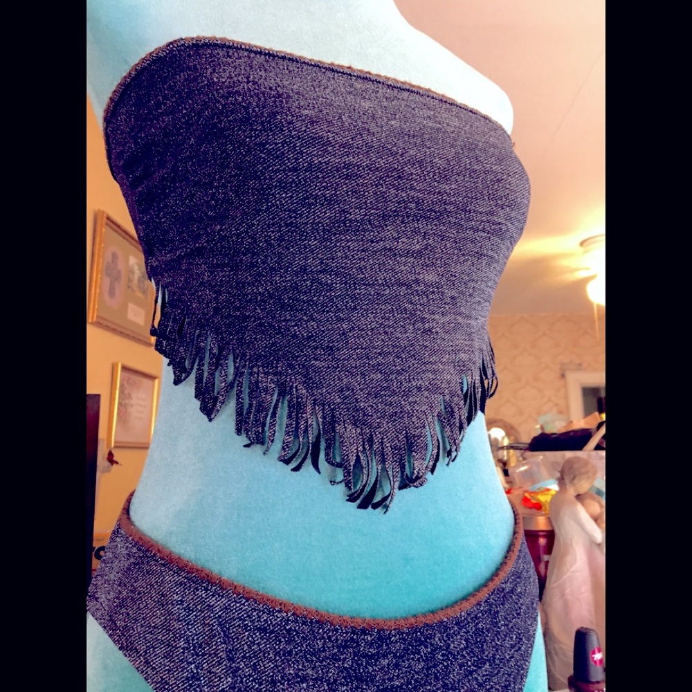 Vintage Fringed Bandeau Bikini Dark Denim Color with Interwoven Sparkles Sz S